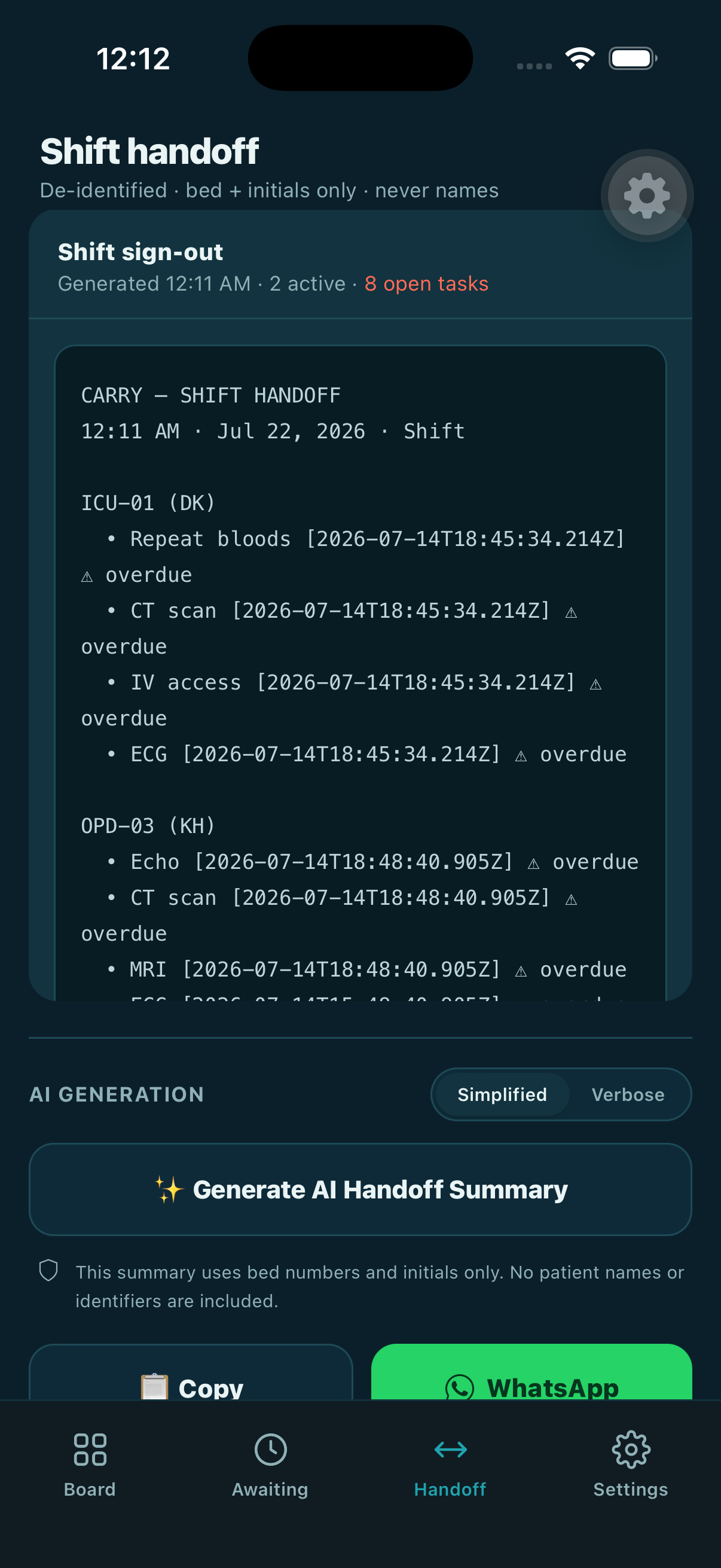 Shift handoff screen with de-identified summary